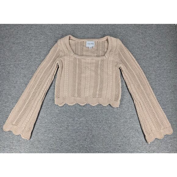 PINK ROSE WOMEN'S CROPPED KNIT SWEATER SIZE SMALL BEIGE TEXTURED CABLE OPENWORK - Picture 3 of 9